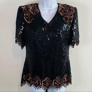 Vintage Stenay Flat Lay Sequin & Beaded Short Sleeve Blouse Size M
